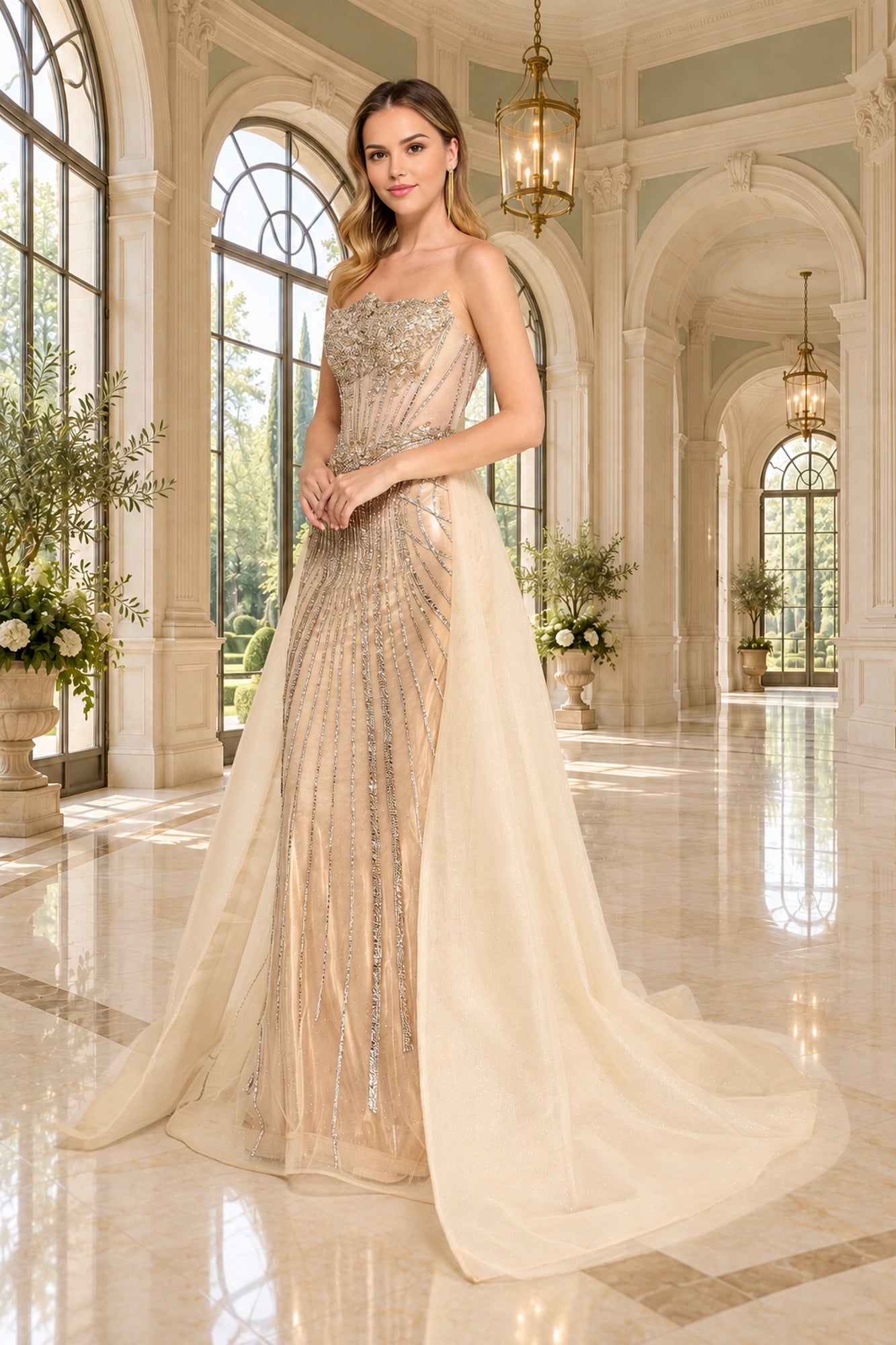 Amelia Couture 2172 long prom dress in champagne, featuring a strapless sweetheart neckline, gold beading, and a sheer detachable overskirt.
